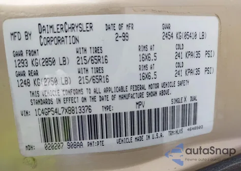 1999 Chrysler Town & Country Lx from USA, damaged, VIN 1C4GP54L7XB813376